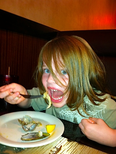 Breighton eating mussels and clams!!